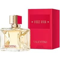 Valentino Voce Viva Eau De Parfum 100ml, clear glass bottle with gold cap, red box with gold lettering.