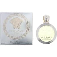 Versace Eros Pour Femme Eau De Toilette 100ml with silver cap and embossed Medusa logo on round bottle and box.