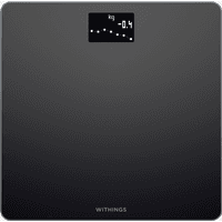 Black Withings Body scale with digital display showing weight trend and change in kilograms.