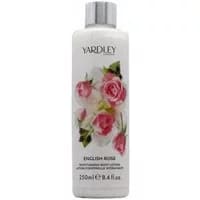 Yardley English Rose body lotion 250ml, white bottle with pink rose design and silver cap.