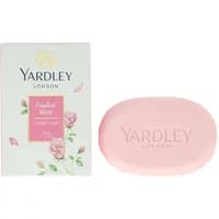 Pink Yardley English Rose soap bar with embossed logo, next to floral-decorated white box.