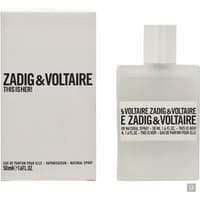White rectangular Zadig & Voltaire This Is Her! perfume bottle, black text, next to matching box, 50ml size.