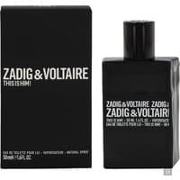 Black rectangular Zadig & Voltaire This Is Him! Eau de Toilette bottle with matching black cap, 50ml size.