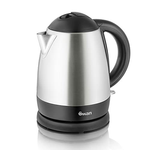 Compact 1L kettle with a sleek stainless steel body in silver, black plastic handle, and spout, featuring a round base and a modern design.
