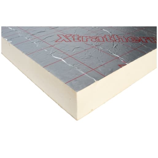 Xtratherm Pitched Roof Insulation Board, measuring 120mm x 2400mm x 1200mm, features a silver reflective surface with red grid lines and a cream-colored foam core.