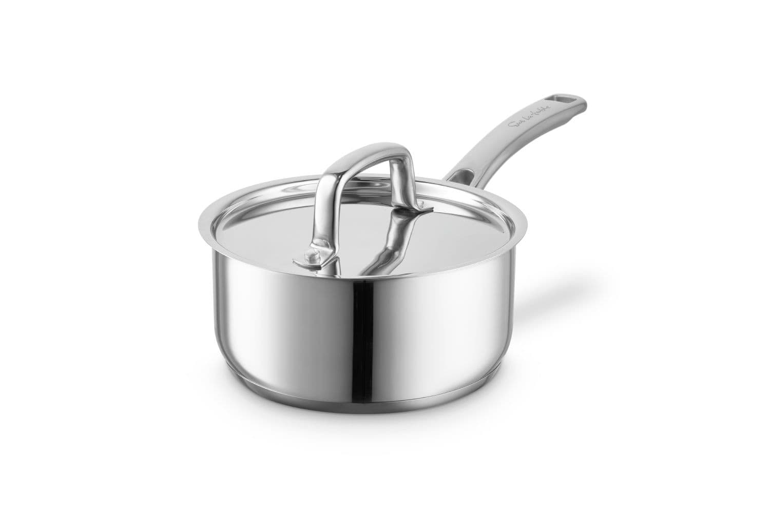16cm stainless steel saucepan with a shiny finish, a matching lid, and a sturdy handle, designed for durability and efficient cooking.