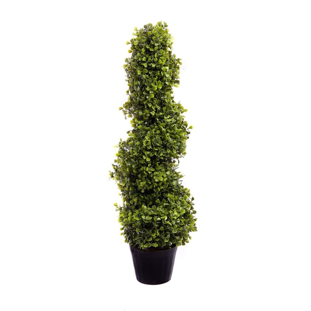 2ft tall artificial boxwood spiral topiary tree in a black pot, featuring lush green foliage with a textured appearance and a tapered, spiraling design.