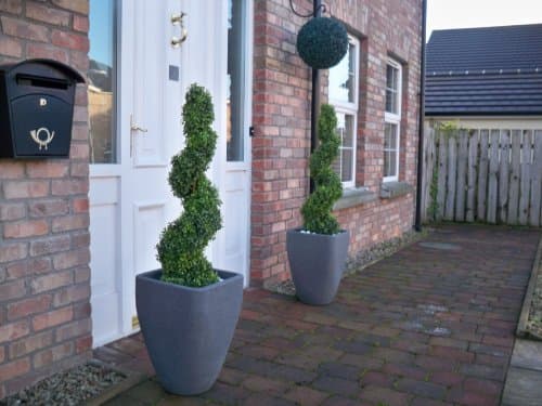 Two green artificial boxwood spiral topiary trees in grey pots, positioned beside a brick pathway leading to a white door with a brass handle.