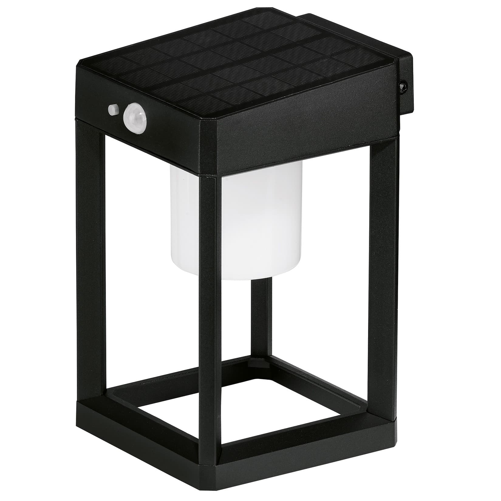 Black metal solar wall lantern with a square design, featuring a solar panel on top, a white glass bulb holder, and a motion sensor on the side.