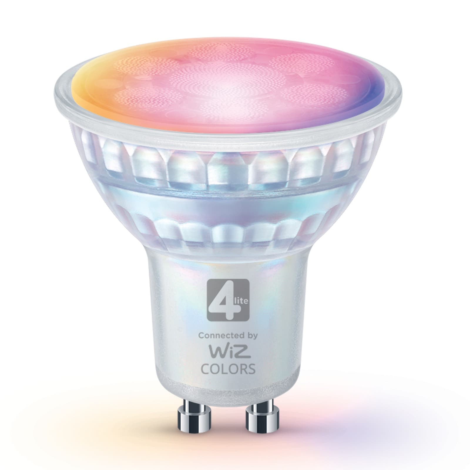 Dimmable multicolour WiFi LED smart bulb featuring a GU10 base, with a glossy white finish and a vibrant, gradient color top that transitions from pink to orange.