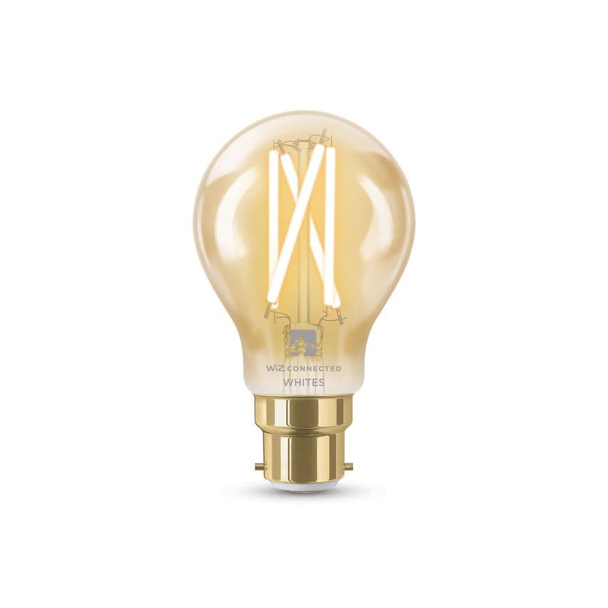 Amber filament bulb with a B22 base, featuring a clear glass exterior and visible LED filaments, designed for smart connectivity and warm lighting.