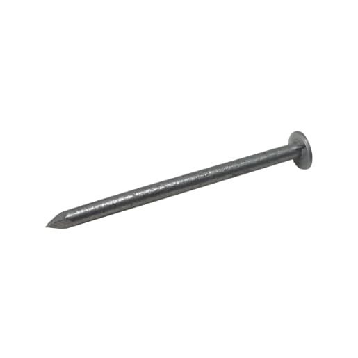 Galvanised round wire nail, 40mm in length, with a smooth, shiny metallic finish and a flat head, displayed diagonally against a white background.