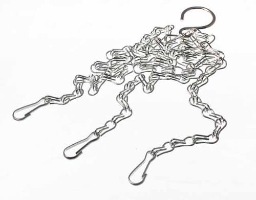 Shiny silver metal chain with a hook at the top and multiple clips at the bottom, designed for hanging or securing items.