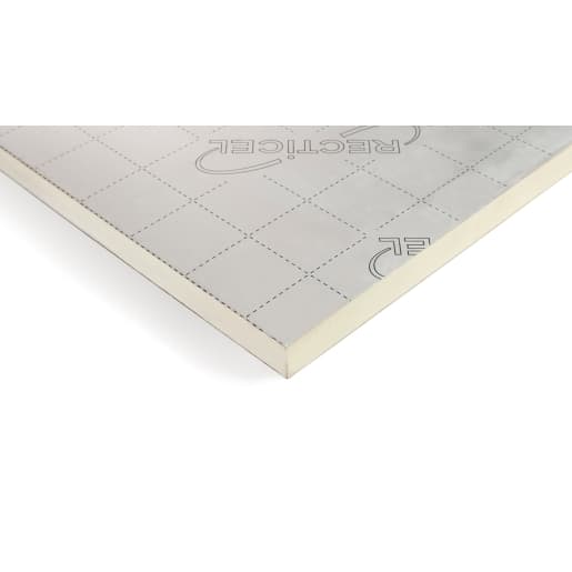 Recticel Eurothane GP insulation board, measuring 50mm x 2400mm x 1200mm, features a smooth, silver-colored surface with a grid pattern and rounded edges.