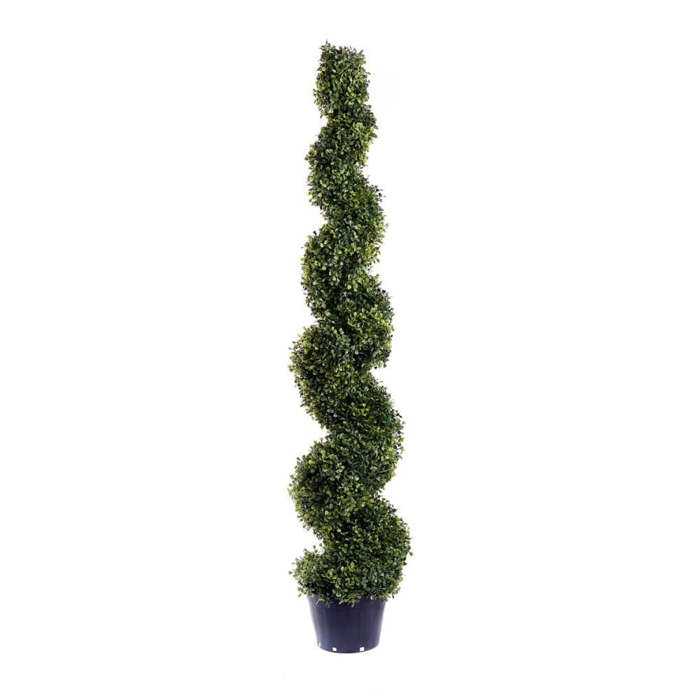 A 5ft artificial boxwood spiral topiary tree featuring lush green foliage arranged in a twisting design, set in a simple black pot.
