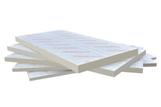 Five stacked 75mm thick Unilin Xtratherm Thin-R PIR insulation boards, each measuring 2400mm x 1200mm, featuring a smooth white surface with a red printed logo.