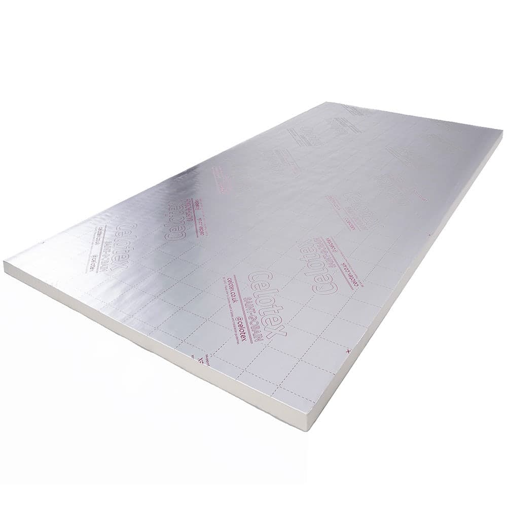Celotex GA4000 insulation board, measuring 80mm x 2400mm x 1200mm, features a reflective silver foil surface with marked grid lines for easy cutting.