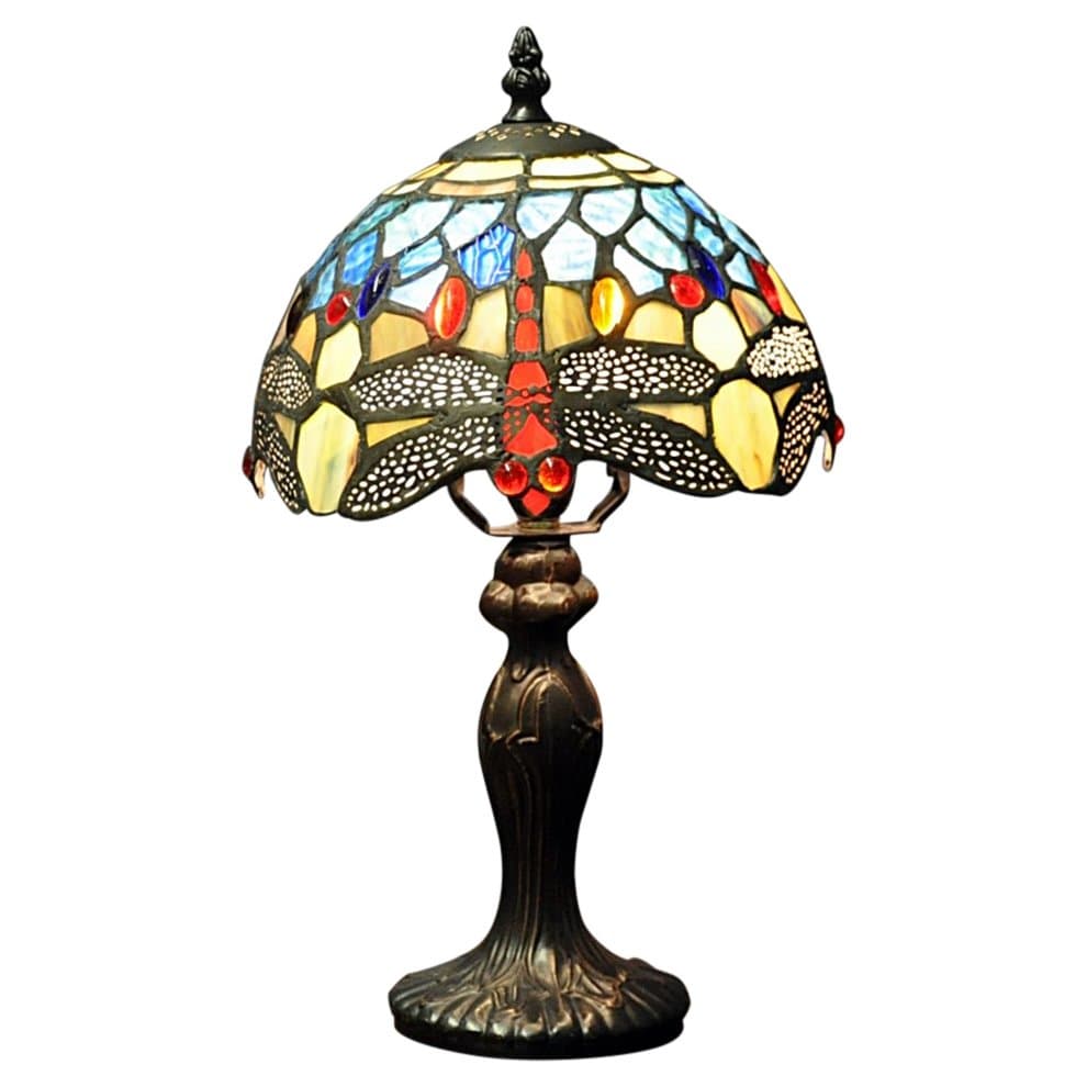 Tiffany-style lamp featuring a blue dragonfly design with stained glass shades, a bronze base, and colorful accents in red and yellow.
