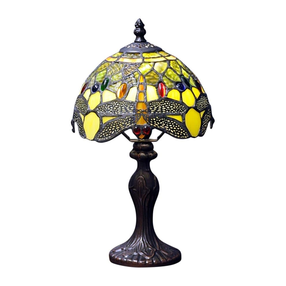 A Tiffany-style lamp featuring a vibrant yellow stained glass shade adorned with green dragonflies and colorful accents, supported by an ornate bronze base.
