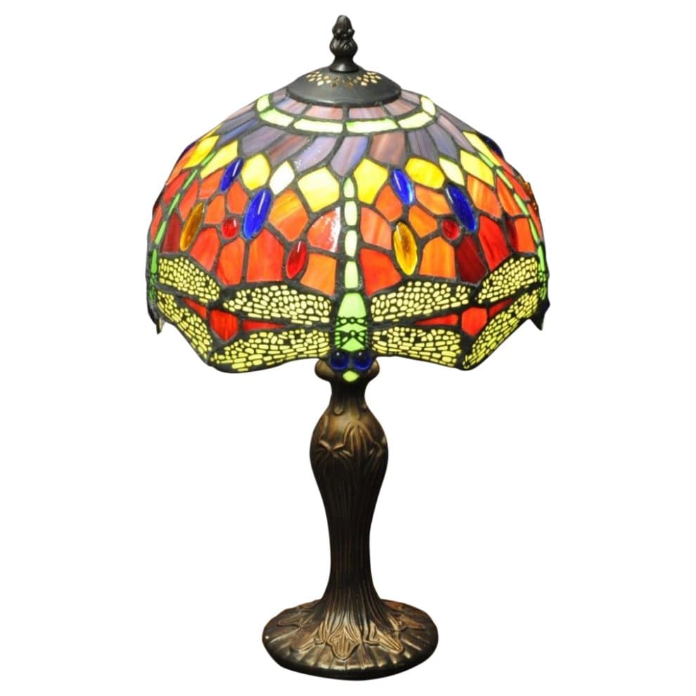 Stunning 10" Red Dragonfly Tiffany lamp featuring a colorful stained glass shade with red, yellow, and green dragonfly motifs, supported by an ornate bronze base.