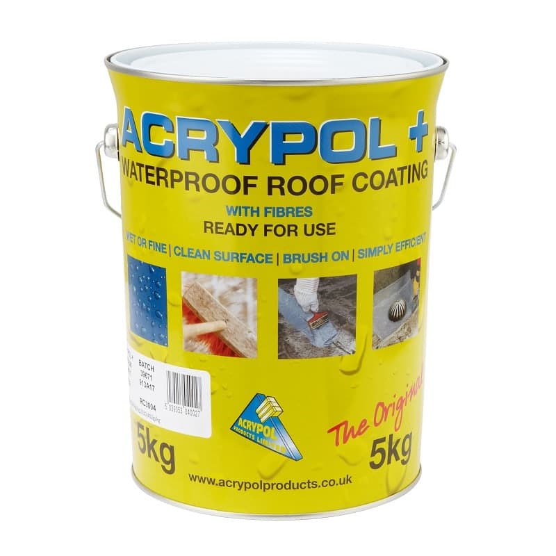 Yellow metal canister labeled "Acrypol Waterproof Roof Coating with Fibres" in blue and white, containing 5KG, featuring a handle and images of application on the front.