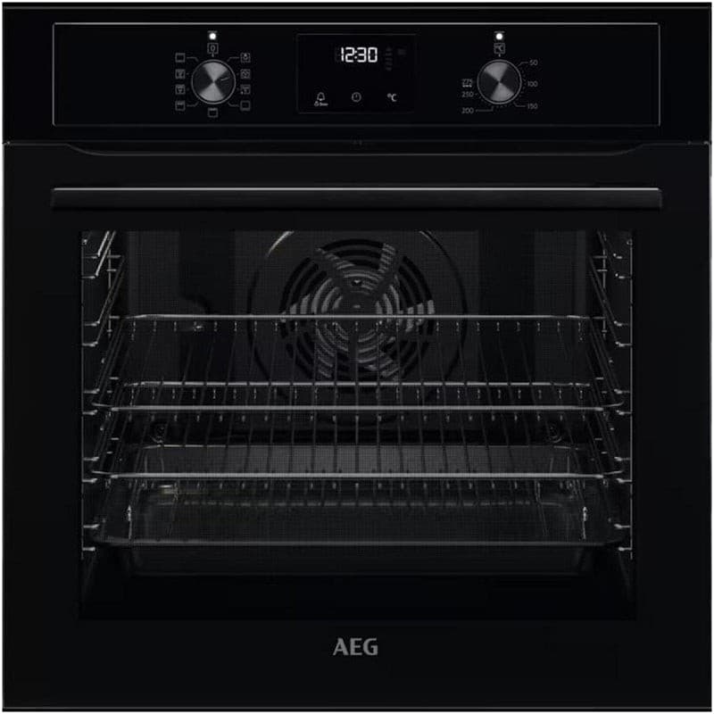Black AEG oven featuring a glass door, stainless steel racks, digital display with time and temperature settings, and a fan for even cooking.