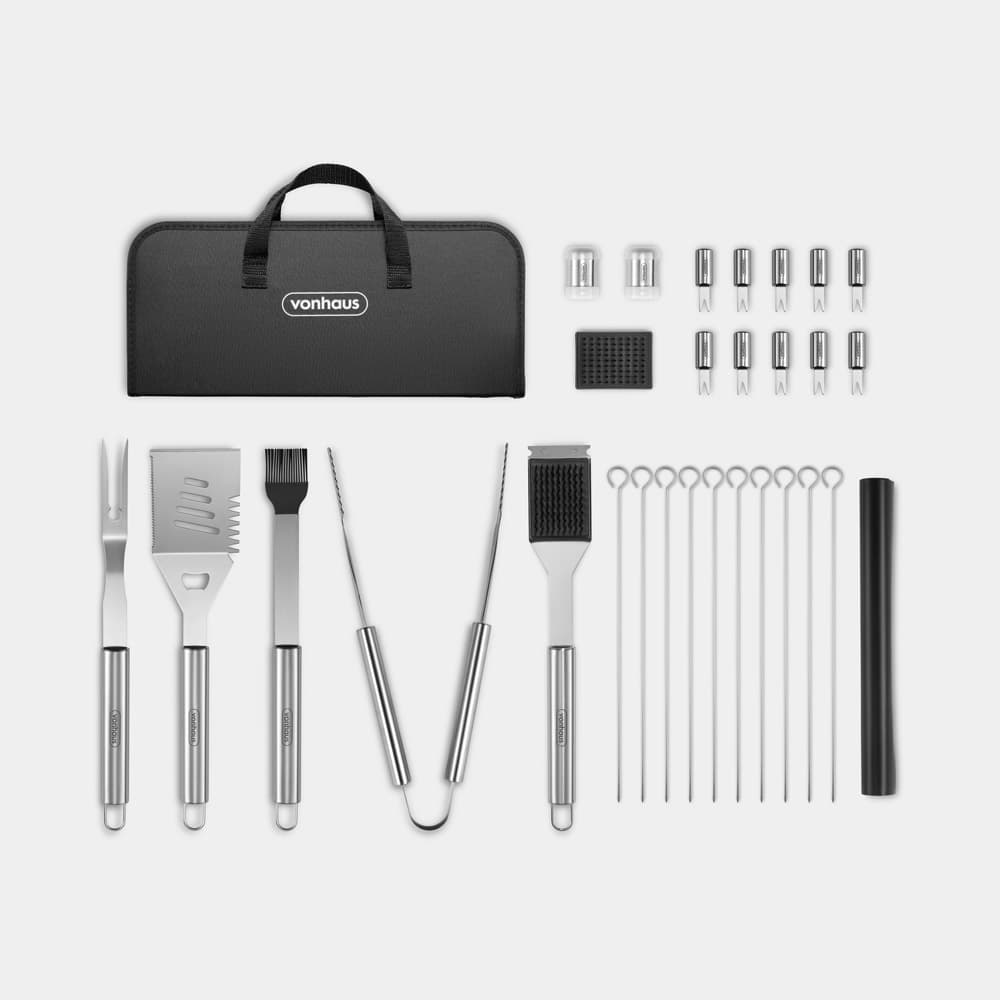 30-piece VonHaus BBQ tool set in silver, featuring stainless steel utensils including a spatula, tongs, fork, brush, and skewers, all housed in a sleek black carrying case.