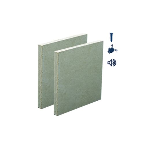Two pieces of 15mm thick British Gypsum Glasroc Rigidur H plasterboard with tapered edges, measuring 3000mm x 1200mm, featuring a light green surface.