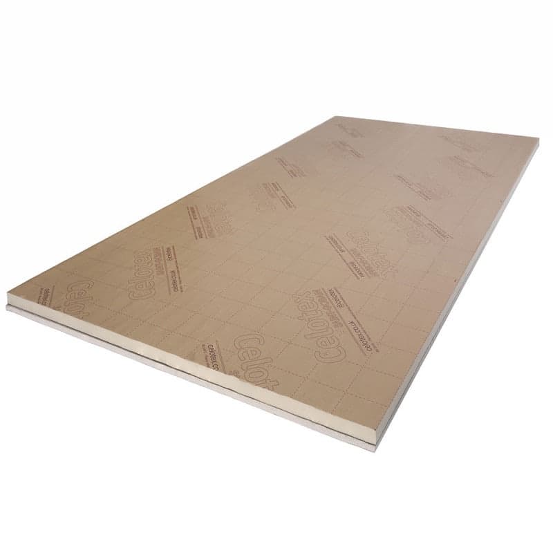 Celotex PIR thermal laminated insulation board in a rectangular shape, measuring 2400mm x 1200mm x 60mm, featuring a smooth, light-colored surface with printed branding and grid lines.