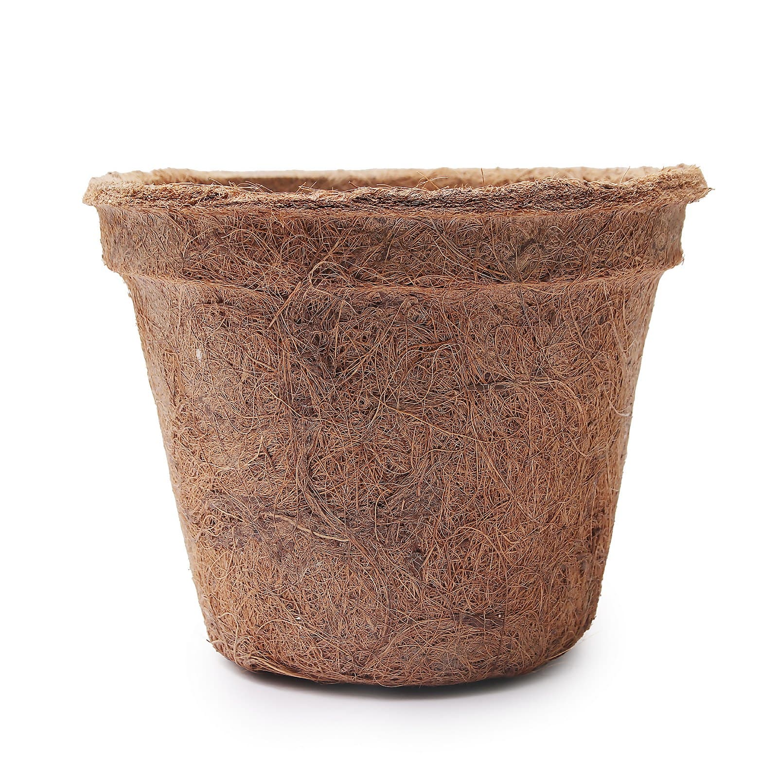 Round 14cm pot made from natural coir fiber, featuring a textured brown surface and a slightly flared rim, ideal for planting and eco-friendly gardening.