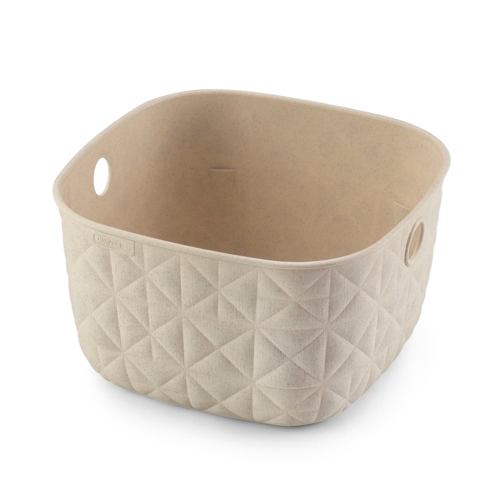 Taupe plastic basket with a textured quilted design, featuring two handles and a compact shape, ideal for organizing small spaces.