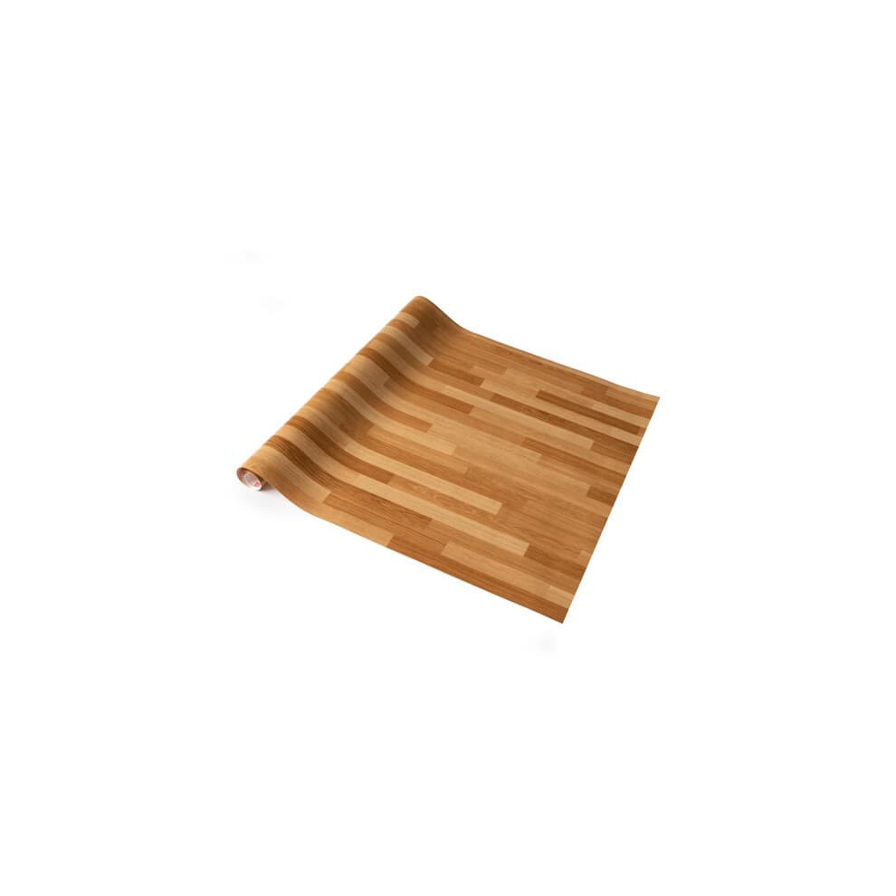 Self-adhesive vinyl wrap in a brown butcher block design, featuring a wood grain pattern with varying shades of brown and light tan, ideal for home decor projects.