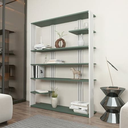 7-tier bookcase in green and white featuring sleek metal supports, spacious shelves for books and decor, and a modern design suitable for any living space.