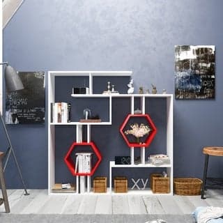 Geometric bookshelf unit featuring a white frame with red hexagonal accents, showcasing multiple shelves and compartments, ideal for decor and storage.