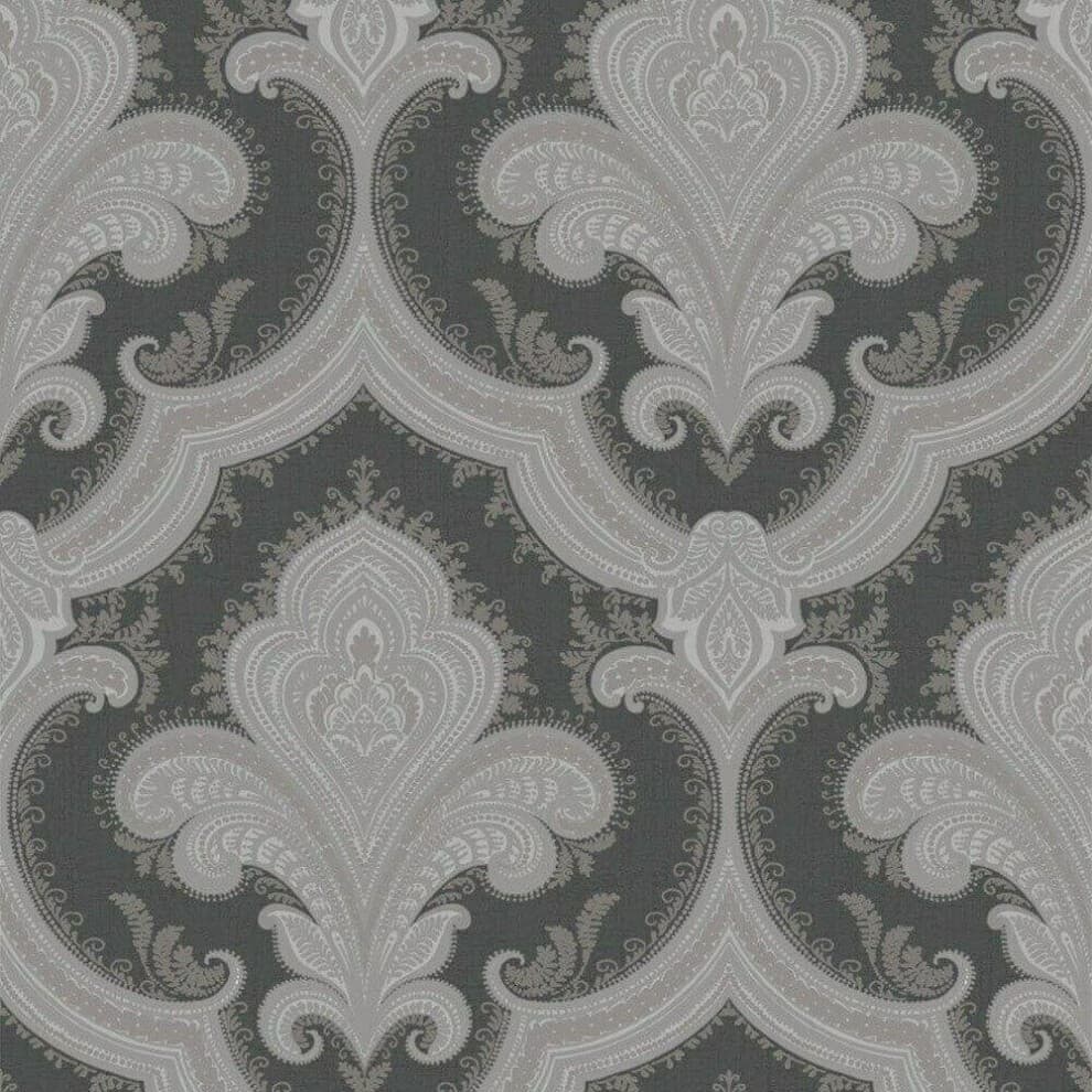 Metallic damask wallpaper featuring a silver and black textured design with intricate floral patterns and elegant curves, crafted from traditional vinyl material.