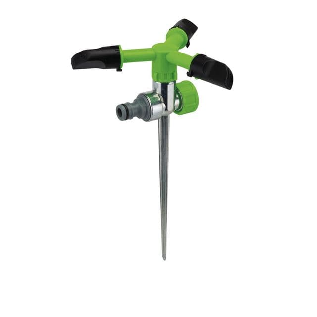 Green plastic revolving sprinkler with black handles, metal spike base, and adjustable spray settings for efficient garden watering.
