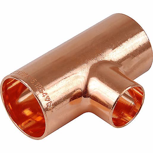 Copper reduced tee fitting with one end branch, measuring 35x35x22mm, featuring a shiny, smooth surface and engraved product details.