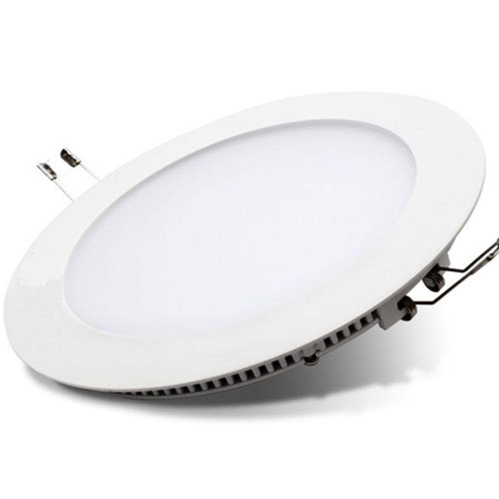 Round, white LED mini panel light with a diameter of 280mm, featuring a sleek design, smooth surface, and metal clips for recessed installation, emitting 4000K warm white light.