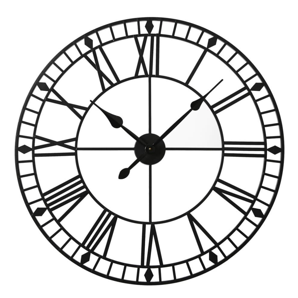 Black skeleton wall clock with Roman numerals, measuring 80x80 cm, featuring a minimalist design and contrasting black hands against an open frame.