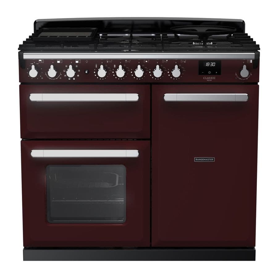 Dual fuel range cooker in Bordeaux with chrome accents, featuring a five-burner gas hob, two ovens, and chrome control knobs, offering a classic and elegant design.