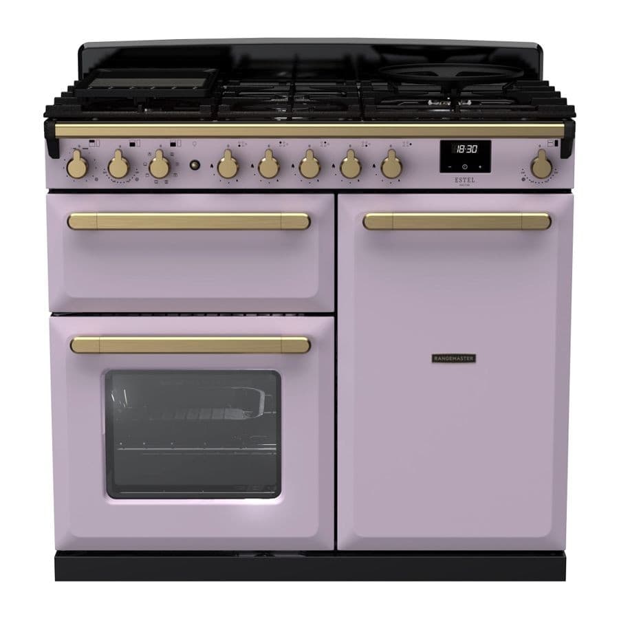 Estel Deluxe dual fuel range cooker in heather color with antique brass knobs, featuring a five-burner gas hob, two ovens, and a sleek black top.