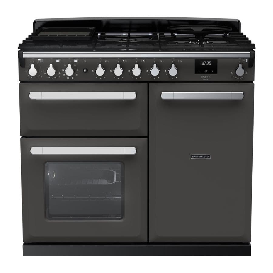 Slate grey dual fuel range cooker with chrome accents, featuring five gas burners, a large oven with a glass door, and control knobs along the front for easy access.