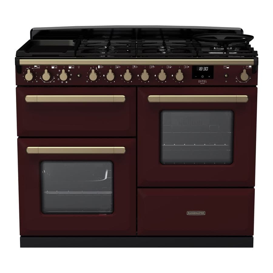 Bordeaux dual fuel range cooker with antique brass knobs, featuring four gas burners, two ovens with glass doors, and a digital display, designed for a stylish kitchen.
