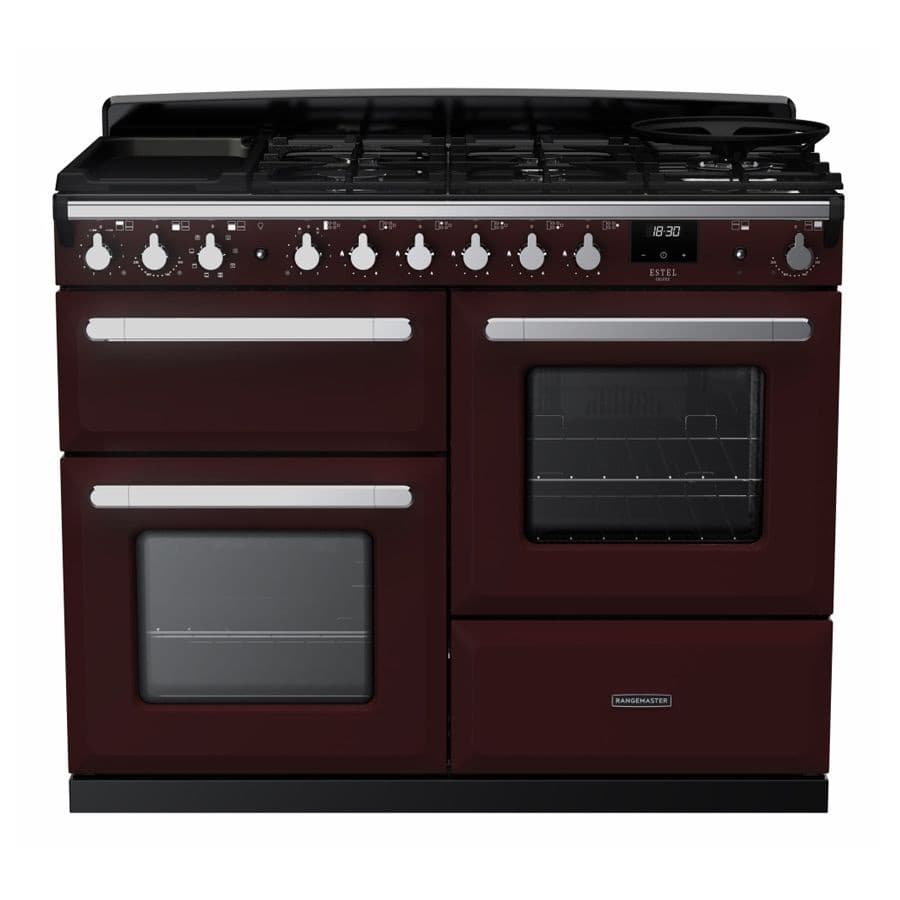 Bordeaux and chrome dual fuel range cooker featuring a black glass top, multiple burners, two ovens, and a digital display, showcasing a sleek, modern design.