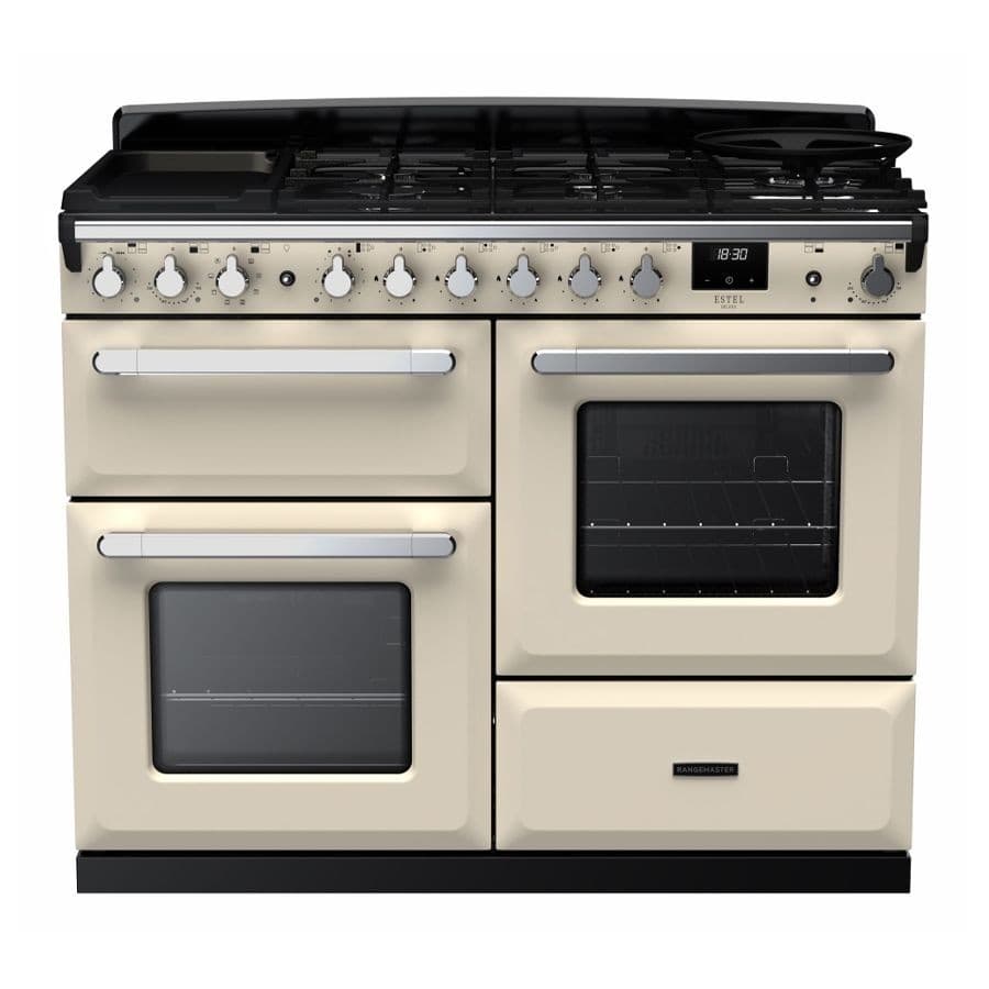 Pale cream dual fuel range cooker with chrome accents, featuring five gas burners, two ovens, and sleek control knobs for precise cooking.