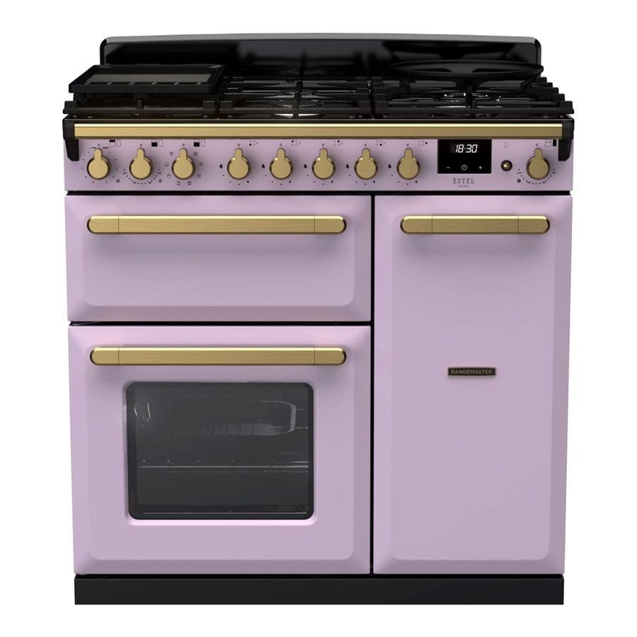 90cm dual fuel range cooker in heather color with antique brass knobs and handles, featuring a five-burner gas hob, digital display, and a large oven with a glass door.