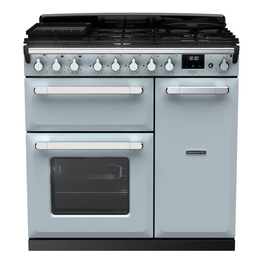 Misty blue dual fuel range cooker with chrome accents, featuring five gas burners, two ovens, and a control panel with white knobs.