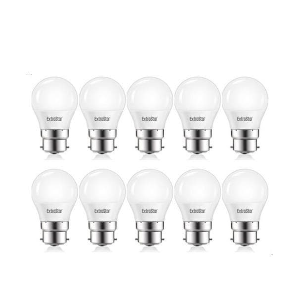 Ten white LED ball bulbs with B22 bases, each 4W and emitting warm white light at 3000K, arranged in two rows, labeled with the ExtraStar brand.
