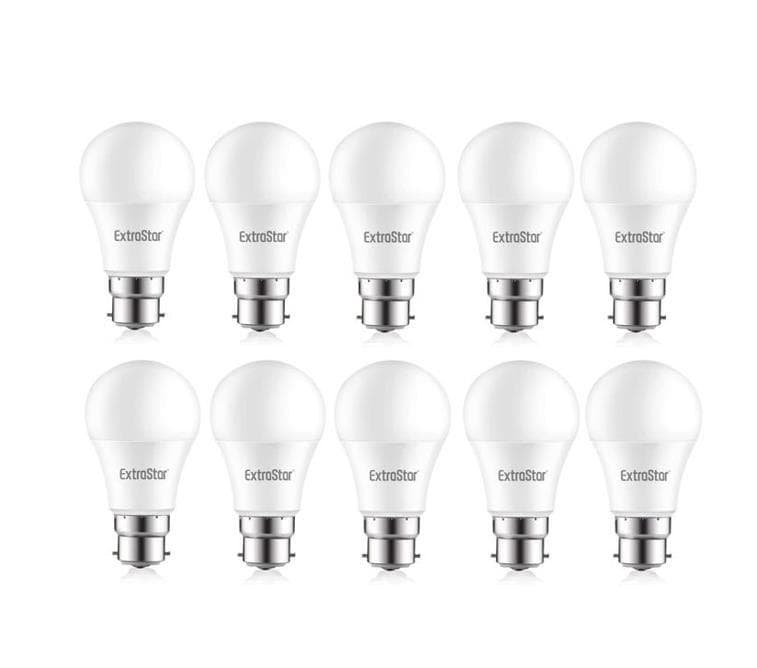 Ten white 9W LED ball bulbs with B22 bases, labeled "ExtraStar," featuring a smooth, rounded design and emitting daylight at 6500K.