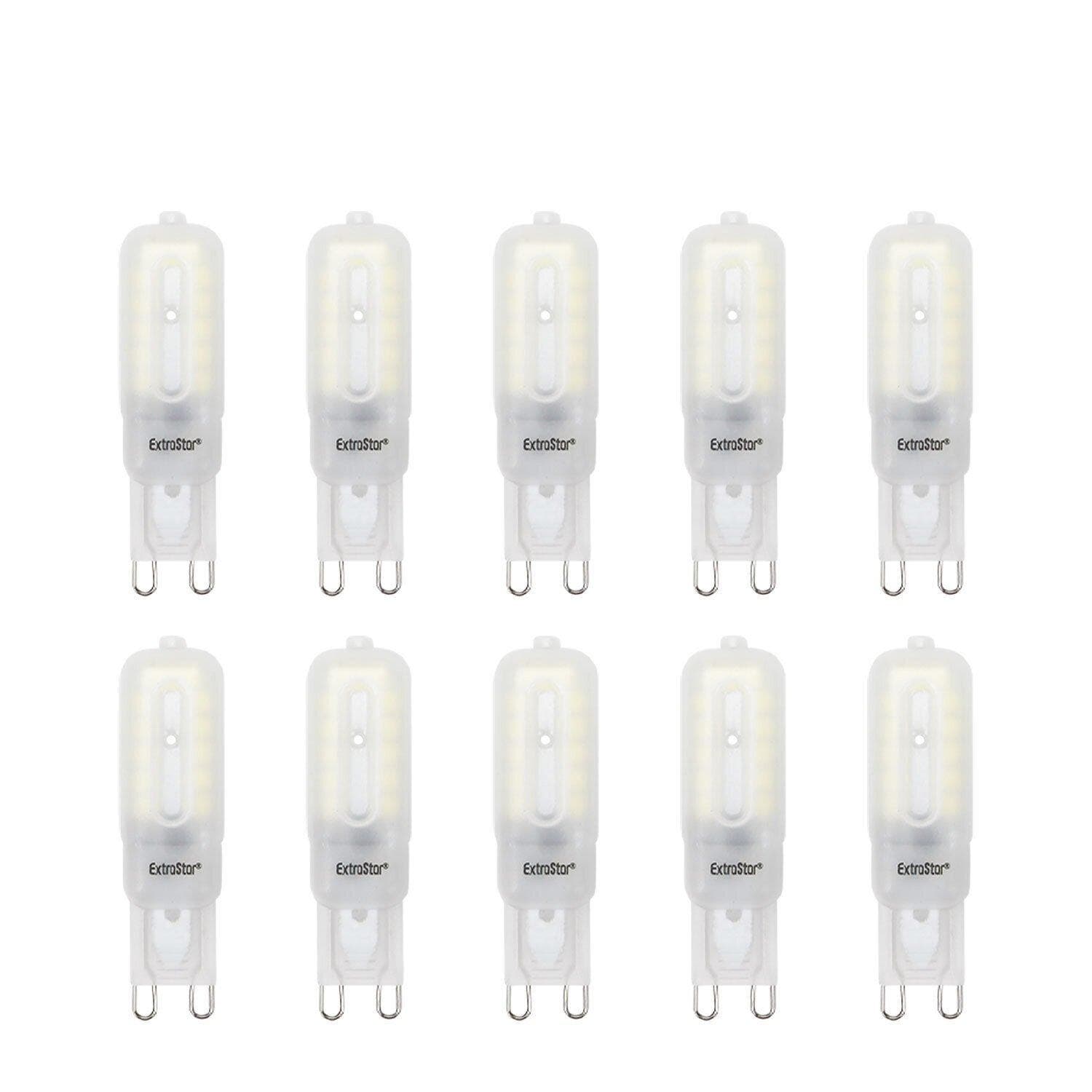 Ten clear, plastic G9 LED mini bulbs by ExtraStar, each 3.5W, emitting a warm 3000K white light, arranged in a neat row.